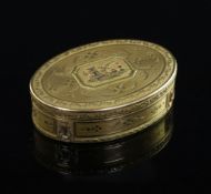 A late 18th century Swiss three colour gold oval snuff box, maker's mark, incuse VM, Geneva, circa