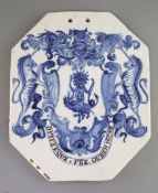 A London or Wincanton octagonal delftware pill slab, mid 18th century painted in blue with the