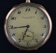 A 14ct gold International Watch Co. open face pocket keyless pocket watch, with Arabic dial and