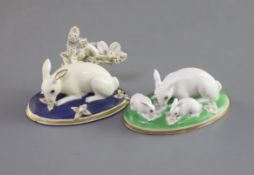 Two Chamberlain Worcester porcelain figures of rabbits, c.1820-40, the first a group of a white