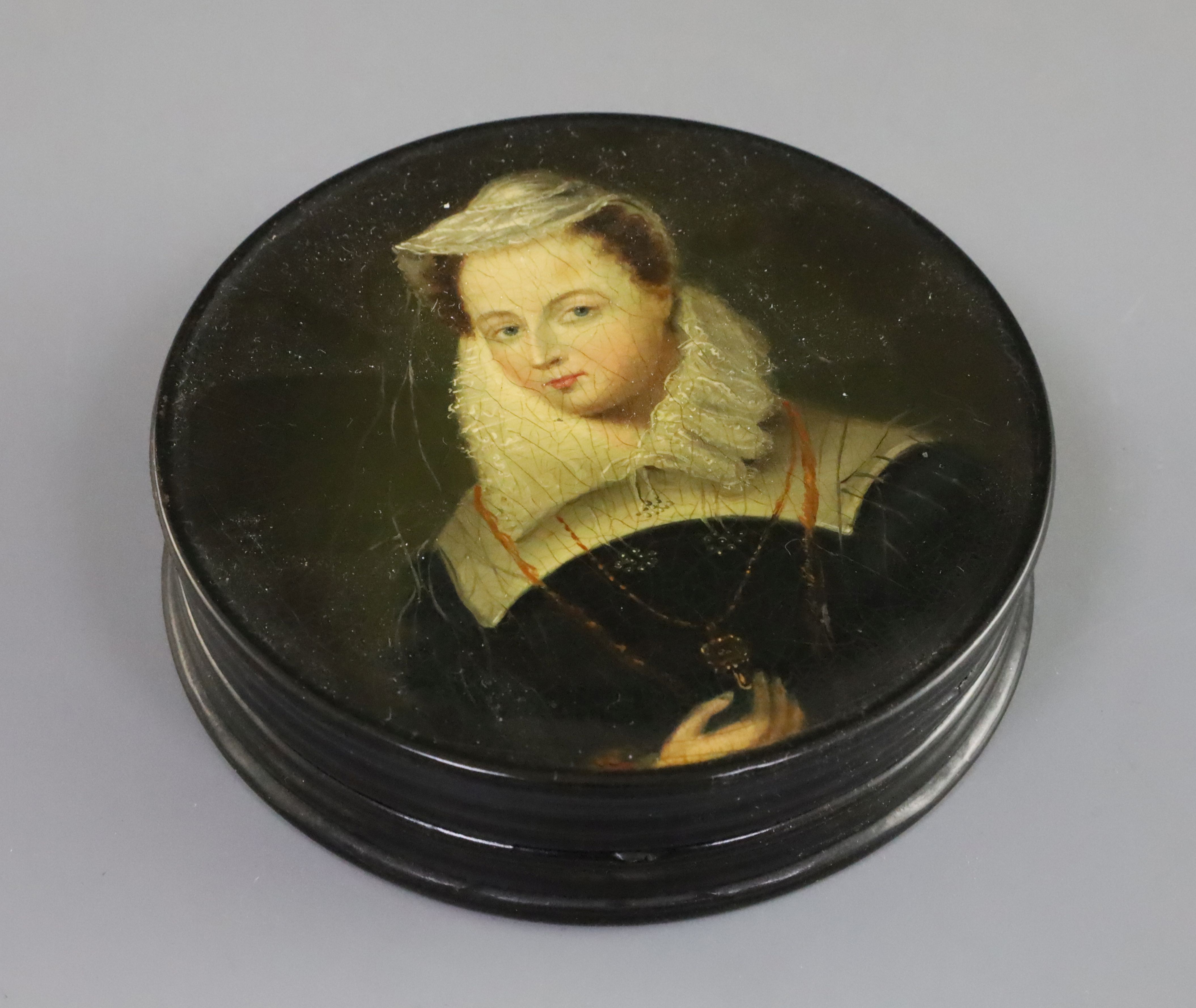 A Stobwasser style papier mache snuff box, painted with a portrait of Mary Queen of Scots, with