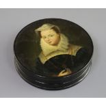 A Stobwasser style papier mache snuff box, painted with a portrait of Mary Queen of Scots, with