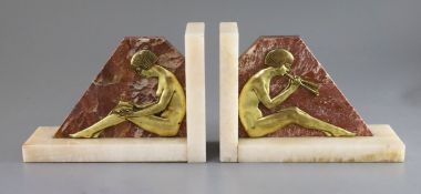 A pair of French Art Deco bronze and ormolu bookends, modelled with Egyptianesque nudes reading