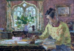 § Edward Le Bas, R.A. (1904-1966)oil on boardRaymond Mortimer writing at a table in the study of The