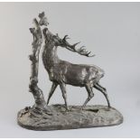 Pierre Jules Mene. A bronzed model of a stag beside a tree trunk, signed and dated 1843, height
