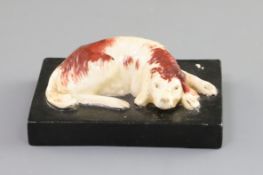 A Derby porcelain figure of a recumbent cocker spaniel, c.1820-45, on a black rectangular base,