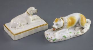 Two Rockingham porcelain figures of a recumbent pointer and a mastiff, c.1830, the gilt and white