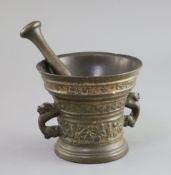 An early 17th century Dutch bronze mortar, cast with inscription 'LOEFT.GODT.VAN.AL.ANNO 1608', with