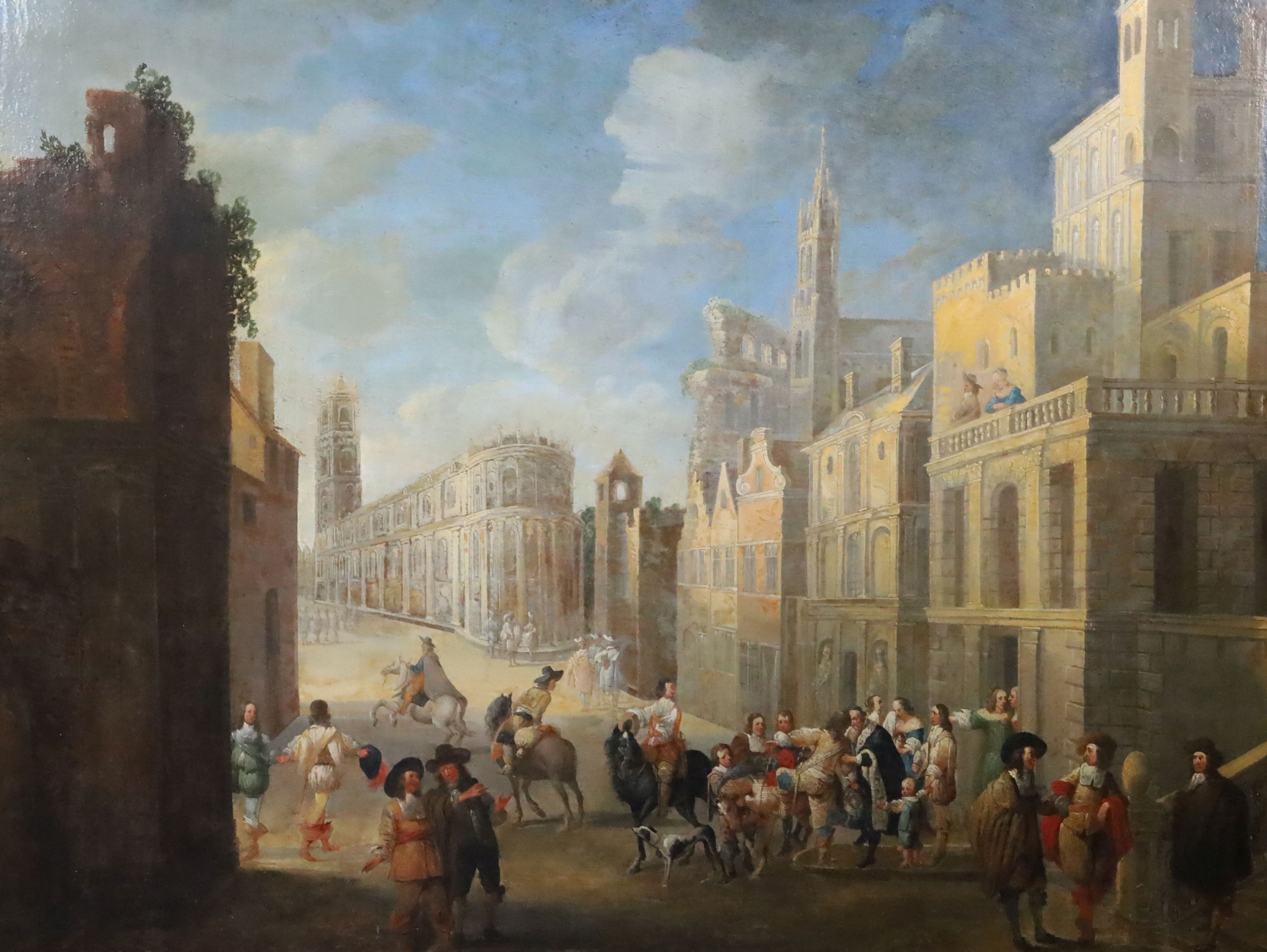 Attribuited to Jean Baptiste van Meunincxhove (1620-1704)oil on canvasStreet scene with nobleman