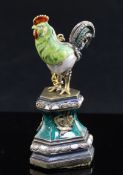 An Austro-Hungarian style baroque pearl, rose diamond and emerald set model of a cockerel, now on