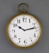 An early 20th century French gilt brass timepiece, modelled as giant pocket watch, 7.5in.