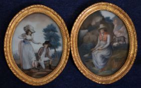 English School c.1800pair of reverse paintings on glassThe loose stocking, inscribed 'Fix Your