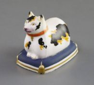 A rare Charles Bourne porcelain figure of a cat, c.1817-30, with yellow and black markings,