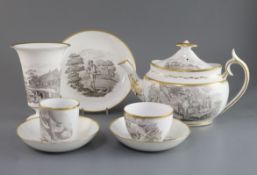 A Spode bat-printed part tea and coffee set, c.1810, decorated en-grisaille with a variety of
