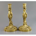 A pair Louis XVI ormolu candlesticks, modelled with putti stems over trophies and swirling foliate