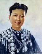 U Ngwe Gaing (Burmese 1901-1967)watercolourPortrait of a Burmese woman wearing an elaborate