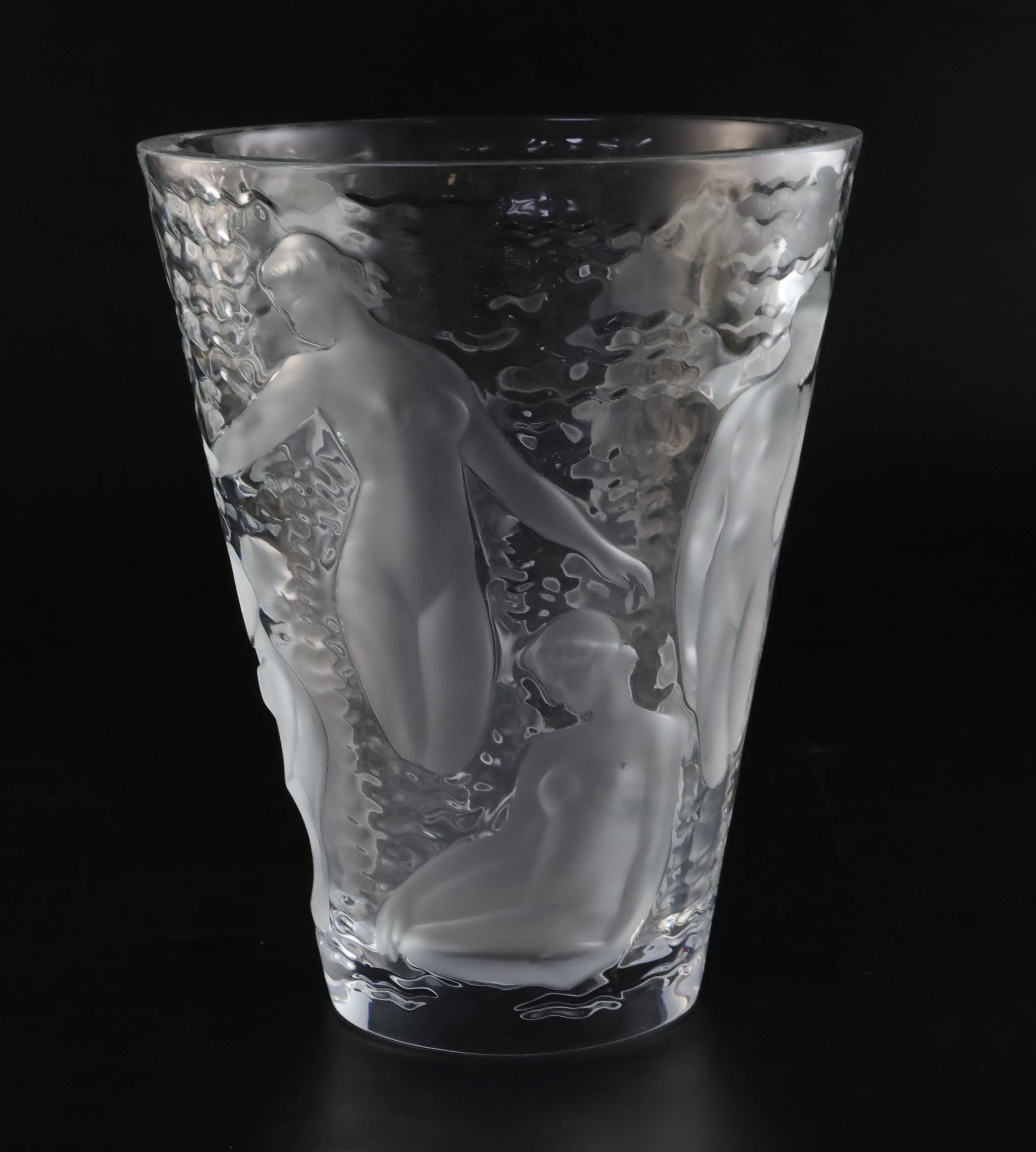 A Lalique crystal 'Ondines' vase, designed 1952, in clear and frosted glass decorated with nude