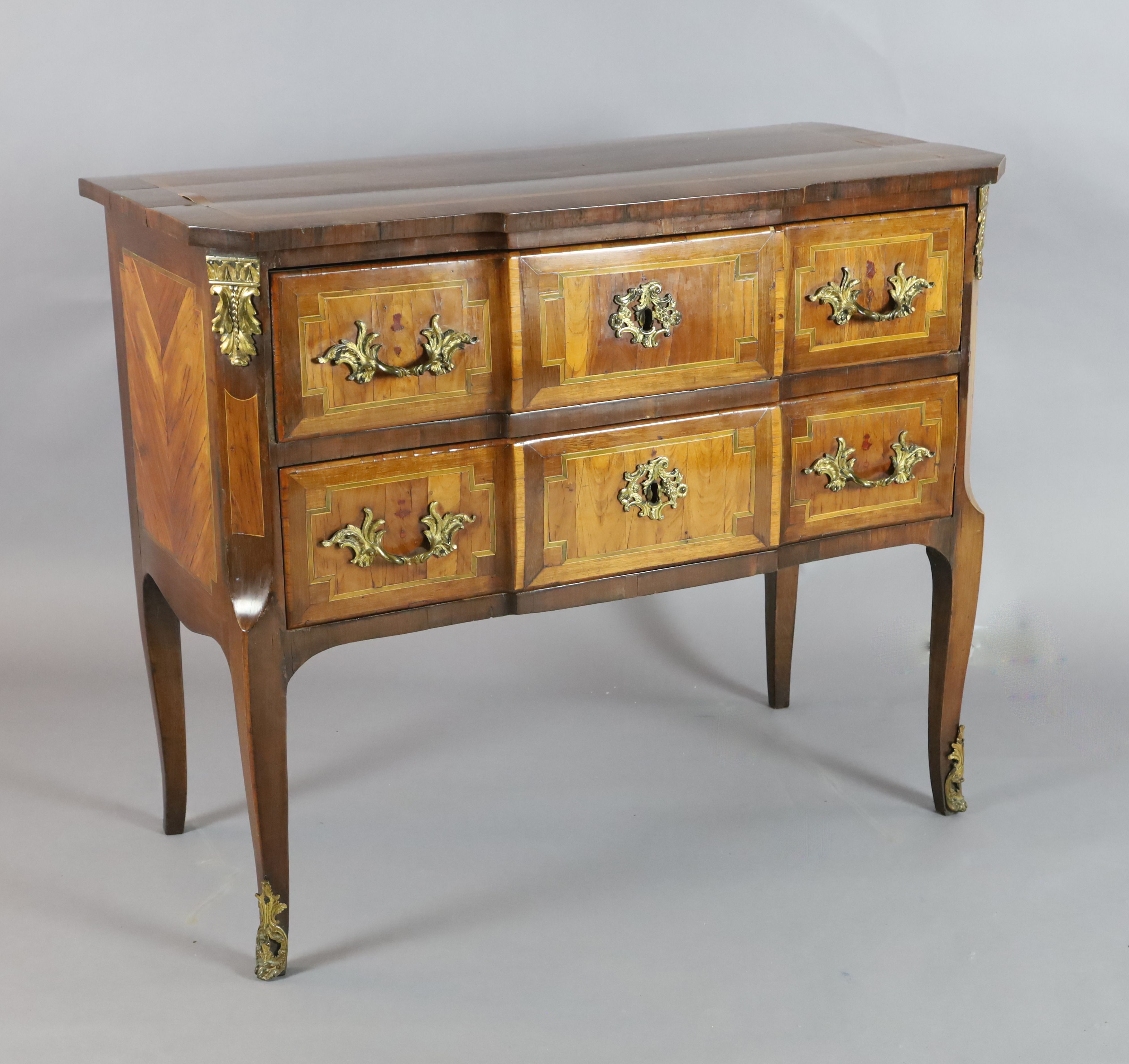An 18th century Italian ormolu mounted walnut breakfront commode, cross-banded, line-inlaid and