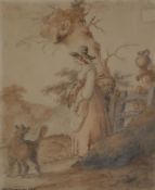 Henry William Bunbury (1750-1811)pencil and watercolourWelsh woman and dog in a landscapesigned14