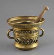 A Charles II bronze mortar, with everted rim and loop handles, cast to the rim 'Henrick.Ter E