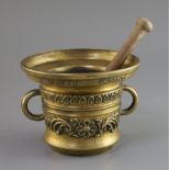 A Charles II bronze mortar, with everted rim and loop handles, cast to the rim 'Henrick.Ter E