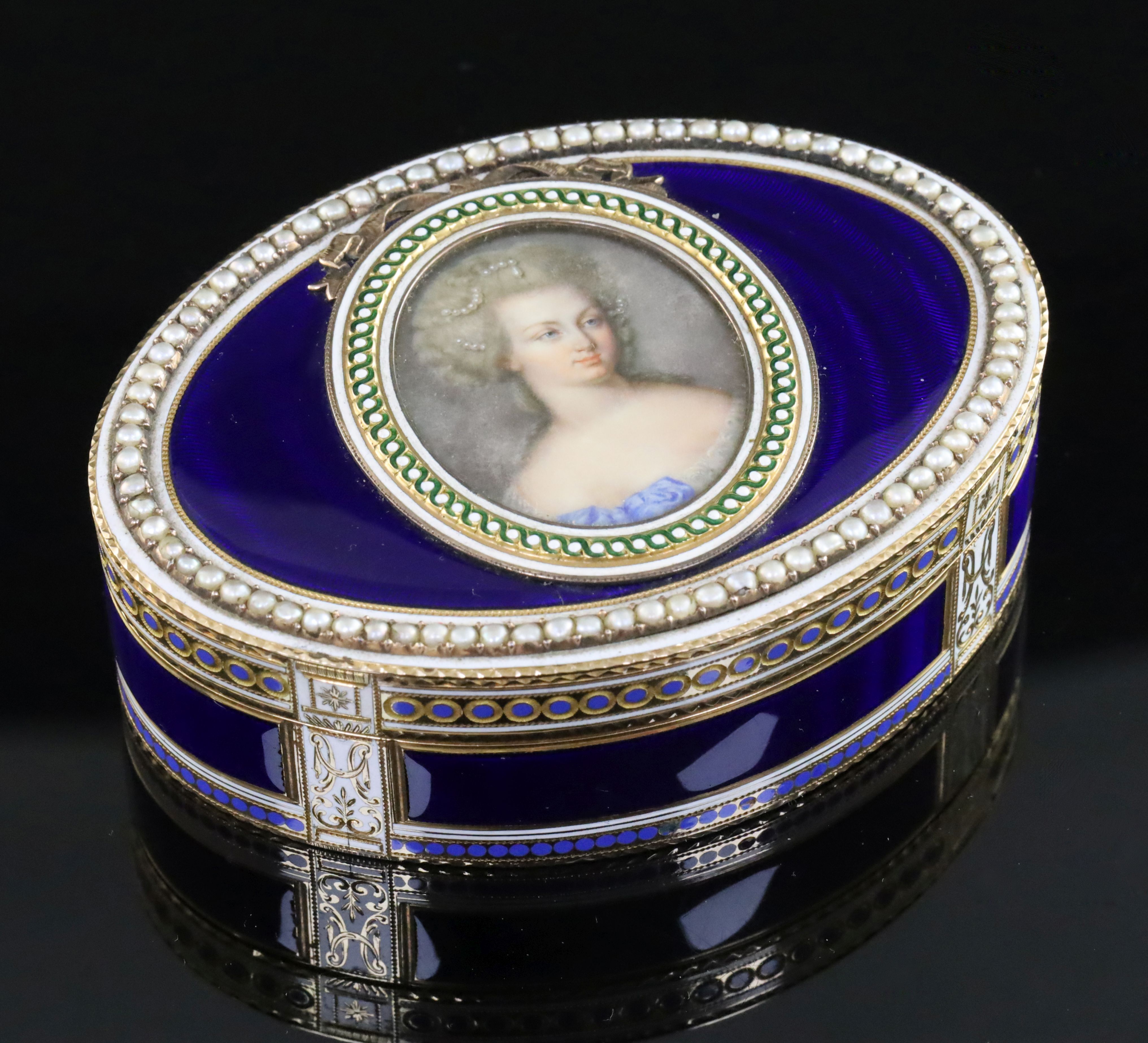 A good late 18th/early 19th century Swiss gold, enamel, split pearl and miniature portrait inset