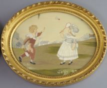 After Kate Greenaway. A pair of silkwork panels depicting children at play worked by Dorothy