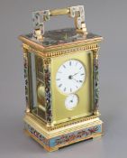 An early 20th century French ormolu and champleve enamel hour repeating carriage alarum clock,