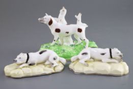 A pair of Samuel Alcock porcelain figures of mastiffs and a similar pointer, c.1840-50, the mastiffs