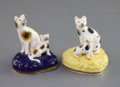 Two Samuel Alcock porcelain groups of a seated cat and kitten, c.1840-50, each scrollwork bases,