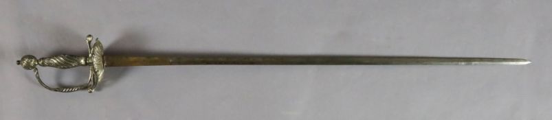 A 17th century English silver plated and steel sword, with spiral fluted and foliate motif decorated