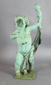 A bronzed lead garden statue of a putto holding aloft a torch, on square base, 39in.