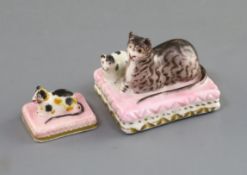 A Derby porcelain group of a recumbent cat and kitten and a similar figure of a kitten, c.1810-25,