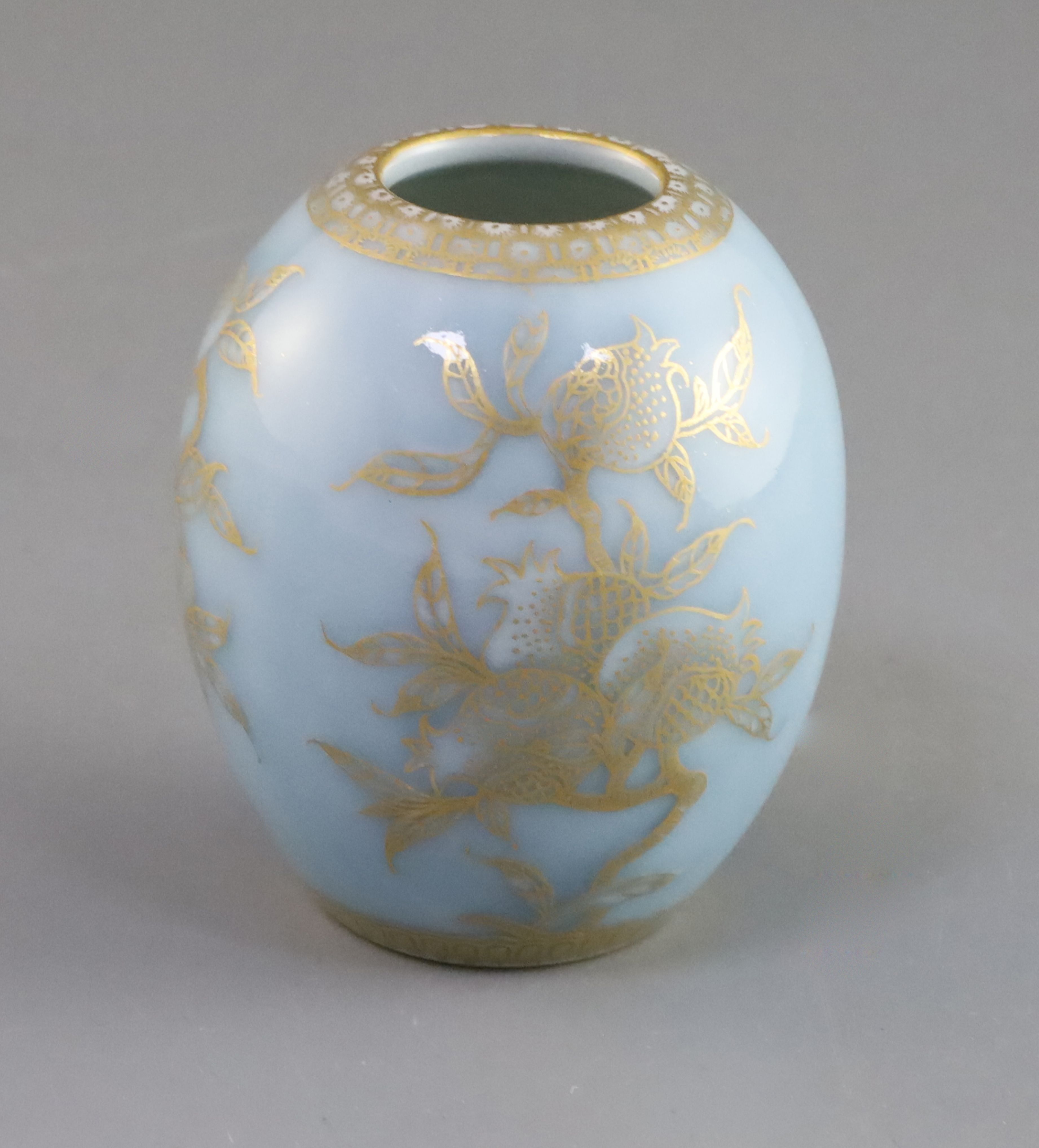 A Chinese gilt decorated clair de lune ovoid jar, Qianlong mark but later, decorated with fruiting