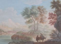 Attributed to Abraham Rademaker (1675-1735)bodycolourTravellers in a landscape5.25 x 7in.