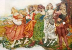 Noel Laura Nisbet (1887-1956)watercolourUnfinished study of medieval maidens and youths in a