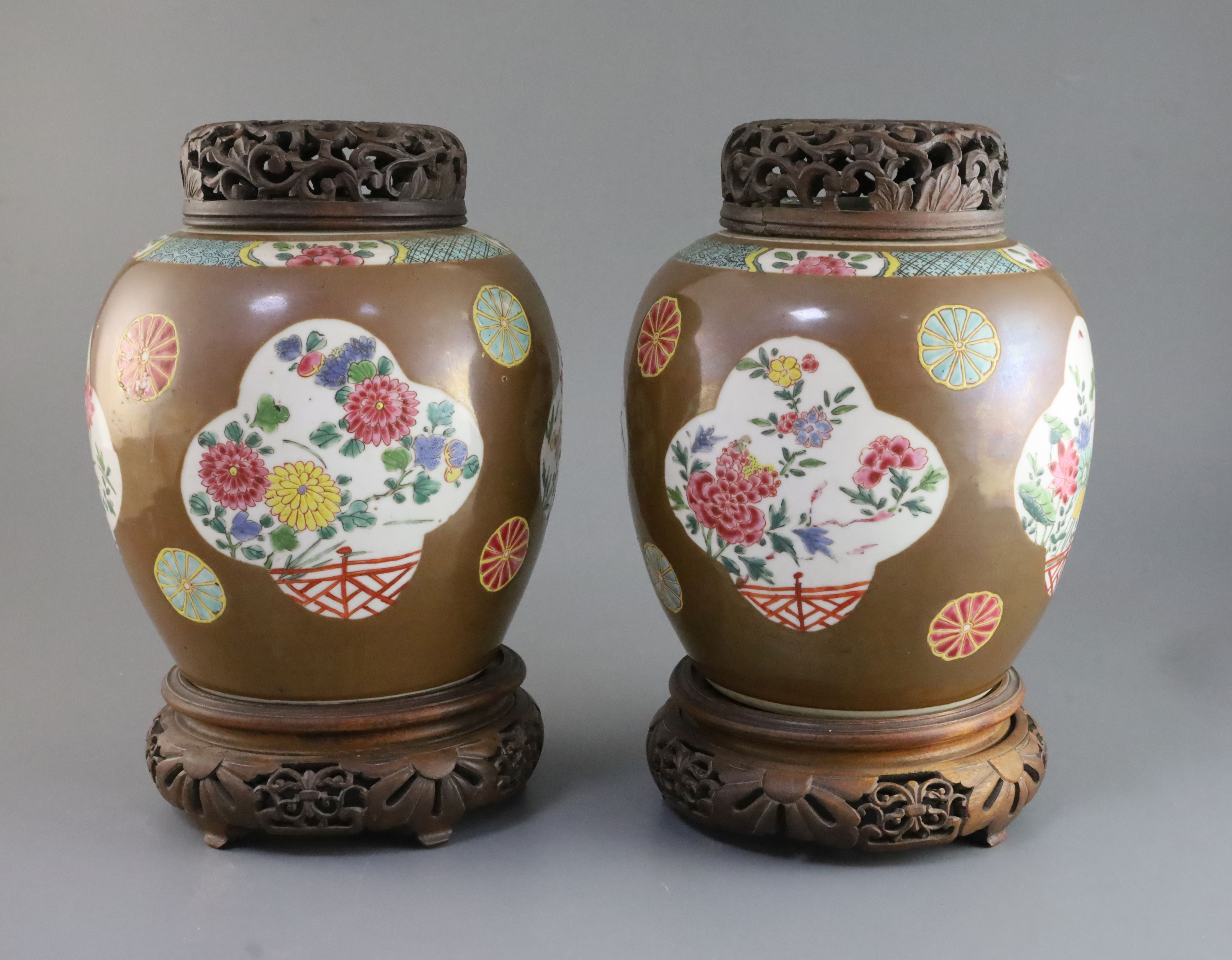 A pair of Chinese export Batavia ware famille rose jars, 18th century, painted with flowers to