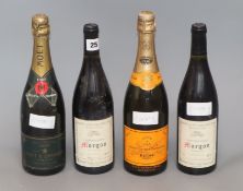 A bottle of Moet Chandon 1985, a bottle of Veuve Cliquot and four bottles of Morgan, 2000