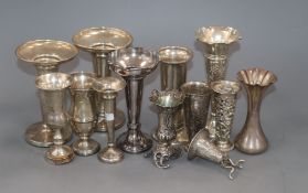 Eleven assorted silver/white metal small vases and a silver kiddush cup.