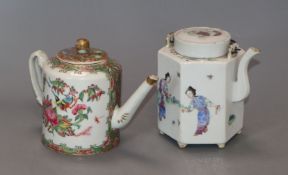 An early 20th century Chinese hexagonal wine pot and a small Cantonese teapot