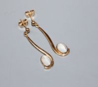 A pair of 9ct gold and moonstone set drop earrings, 31mm.