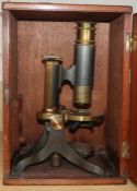 A cased brass microscope