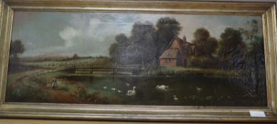 F.T. Webb, oil on canvas, River landscape with swans and cornfield, signed, 33 x 94cm