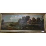 F.T. Webb, oil on canvas, River landscape with swans and cornfield, signed, 33 x 94cm