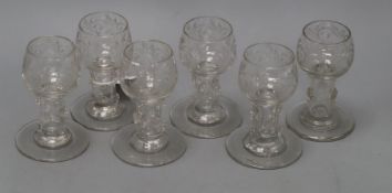 A set of six Continental engraved glass rummers