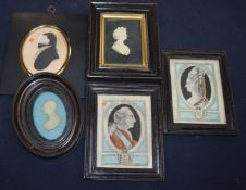 A pair of reverse prints on glass of George II and Queen Charlotte, a silhouettes and two other