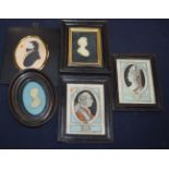A pair of reverse prints on glass of George II and Queen Charlotte, a silhouettes and two other