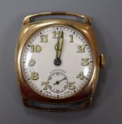 A gentleman's 1940's? 9ct gold Longines manual wind wrist watch (no strap).