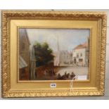 Victorian School, oil on board, Figures in a town square, 28 x 39cm