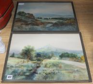 D. Ford, pair of watercolours, Glastonbury Tor and another view, signed, 34 x 49cm